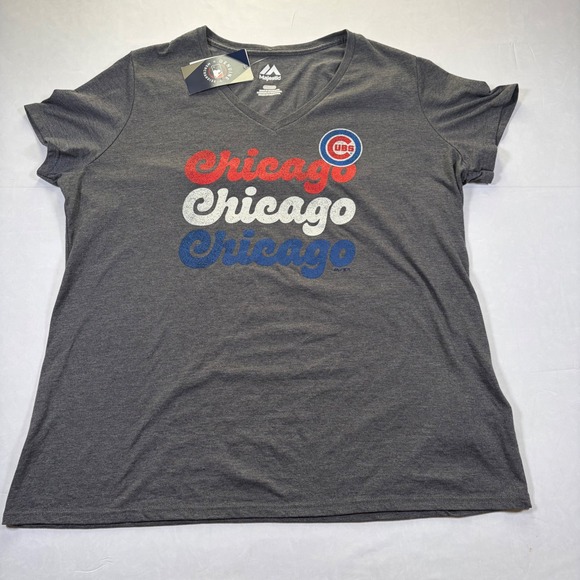 Majestic Tops - Majestic Chicago Cubs MLB Womens 2XL V-Neck T-Shirt Charcoal Heather NWT 0141